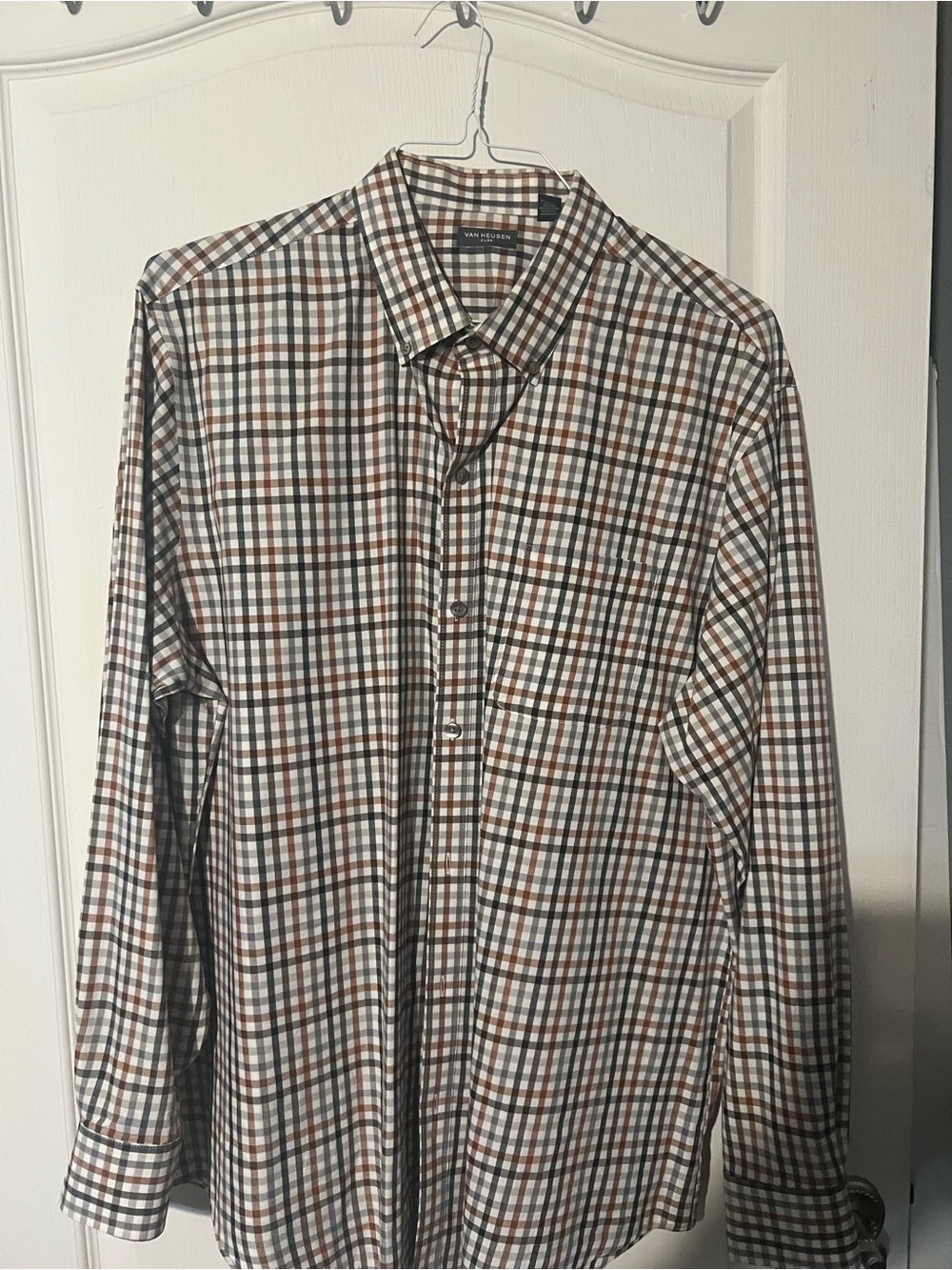 Van Heusen Men’s Brown and White Plaid Dress Shirt